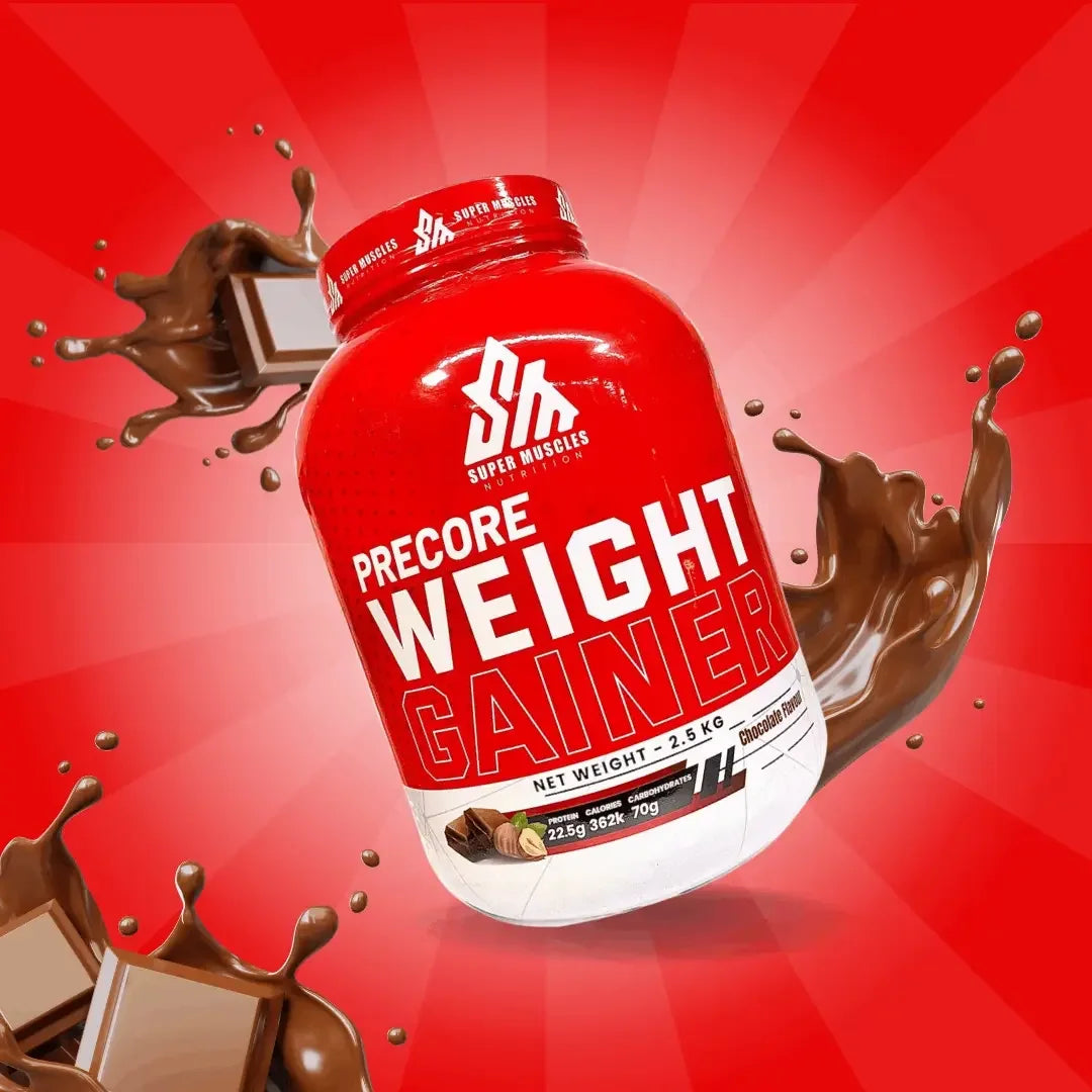 Red container of Precore Weight Gainer chocolate protein powder with chocolate splash and bar