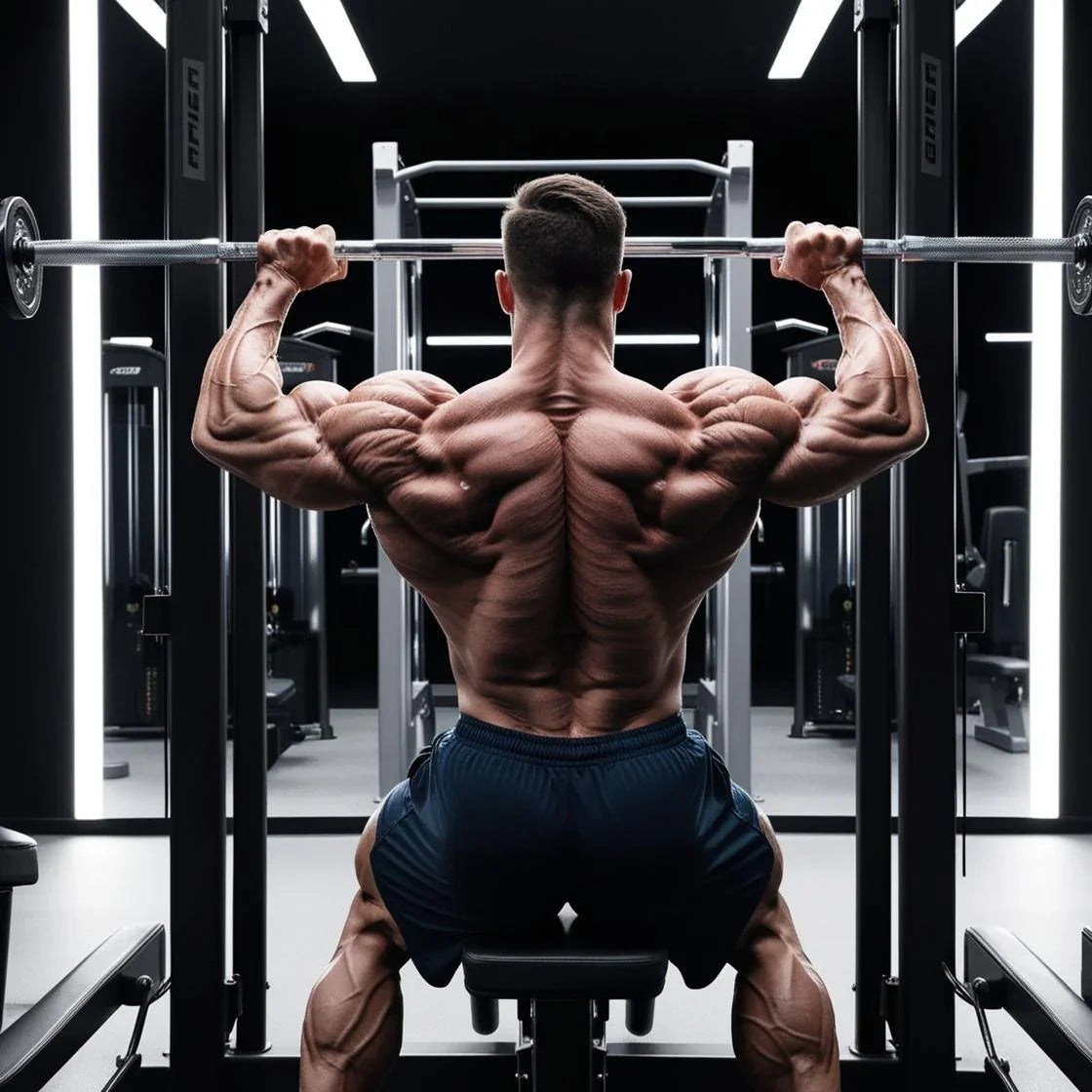 Shirtless muscular man doing lat pulldown in modern gym, back muscles defined