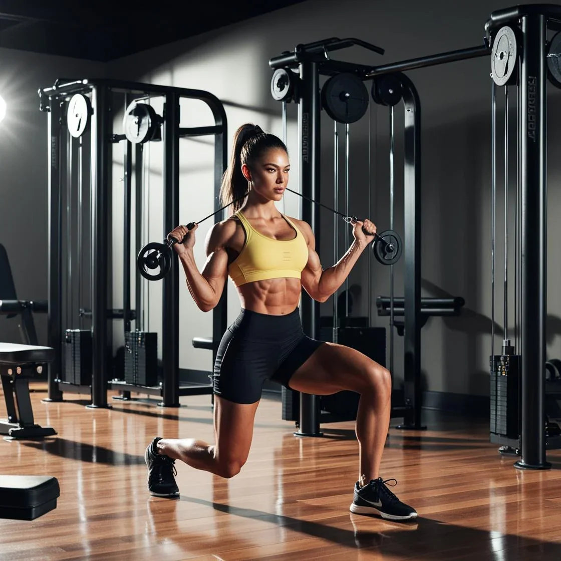Woman doing lunges with cable machine in modern gym, surrounded by workout equipment