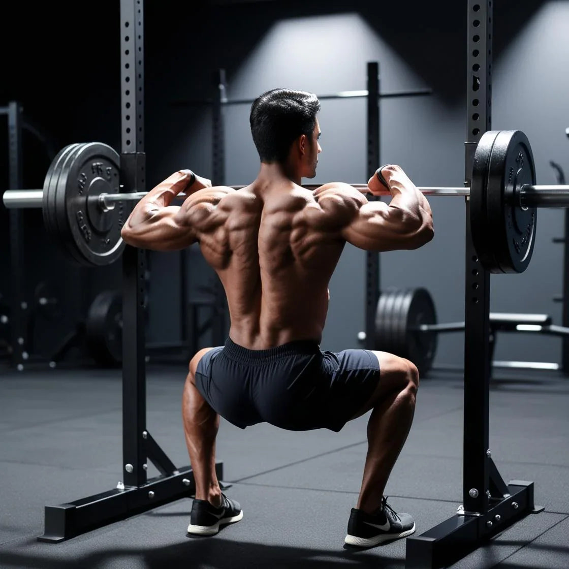 Muscular man doing barbell back squat shirtless in modern gym, showcasing defined muscles