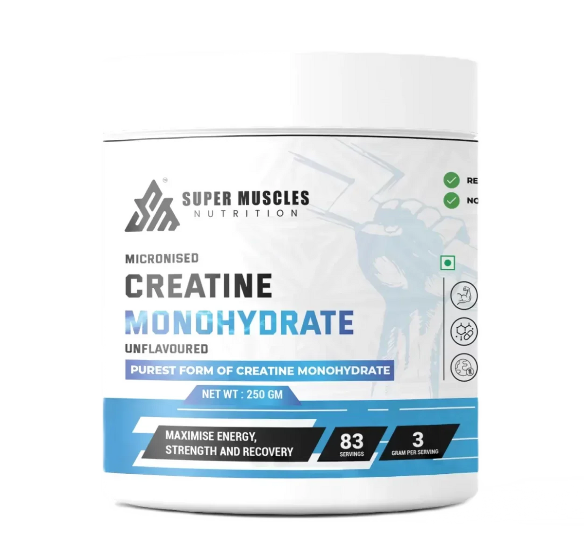 Micronised creatine monohydrate powder 250g container, unflavoured, muscle supplement