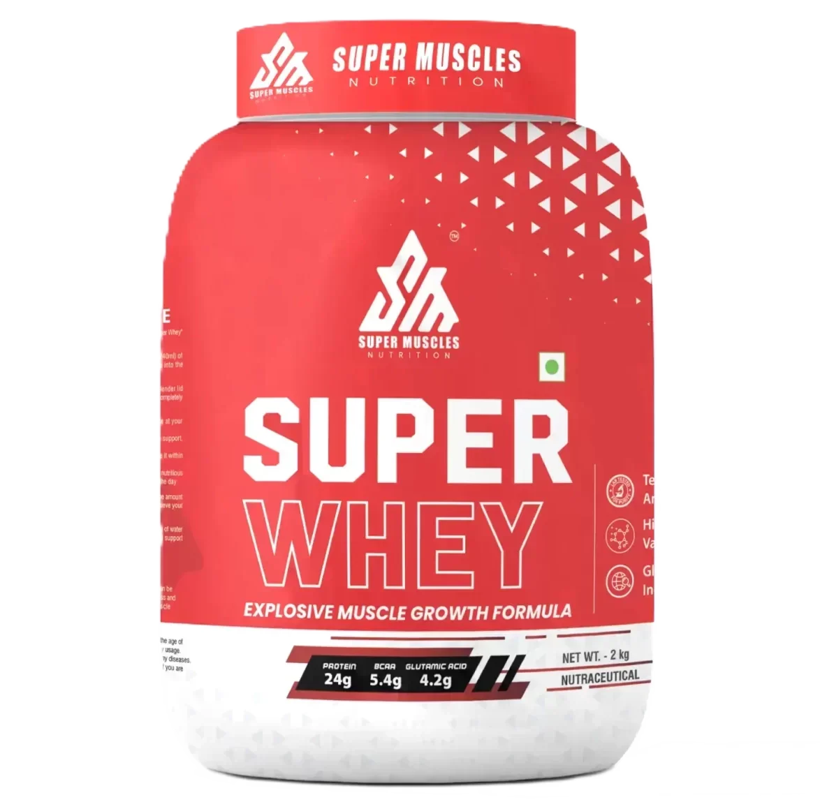 Super Whey 2kg protein powder red container, muscle growth supplement, front label