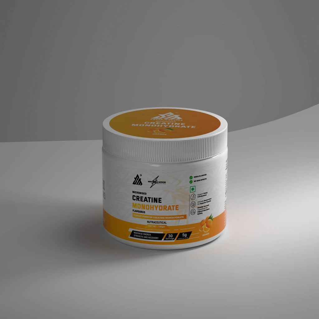 Super Muscles Nutrition Creatine Monohydrate orange flavor supplement jar on white surface - Creatine Monohydrate Orange - Creatine Monohydrate Orange