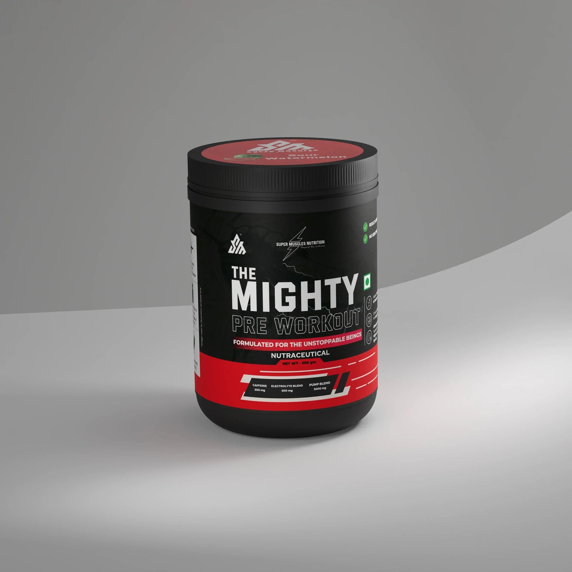 Super Muscles Nutrition The Mighty Pre Workout supplement black and red container - The Mighty Pre Workout Sour Watermellon - The Mighty Pre Workout Sour Watermellon