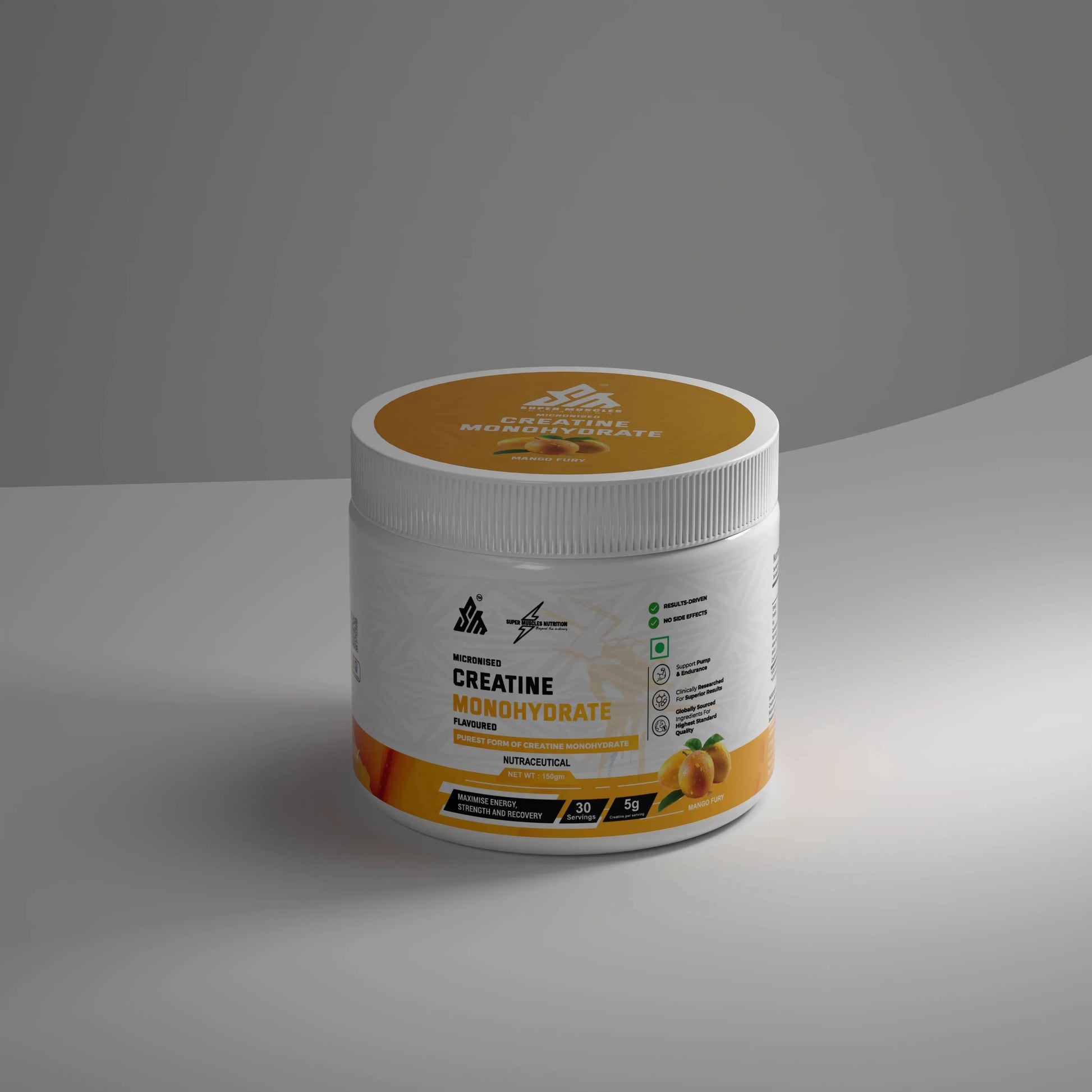 Super Muscles Nutrition Creatine Monohydrate supplement jar with mango flavor on gray background - Creatine Monohydrate Mango Fury - Creatine Monohydrate Mango Fury