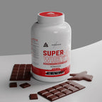 Supermuscles vanilla whey protein powder 1kg container with a scoop, showing the vanilla flavor packaging for muscle recovery.
