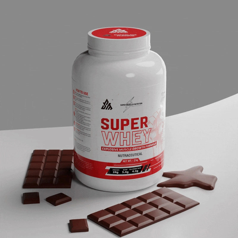 Supermuscles Super Whey Protein Malai Kulfi flavor powder in a sealed container with a scoop, ideal for protein shakes and fitness.