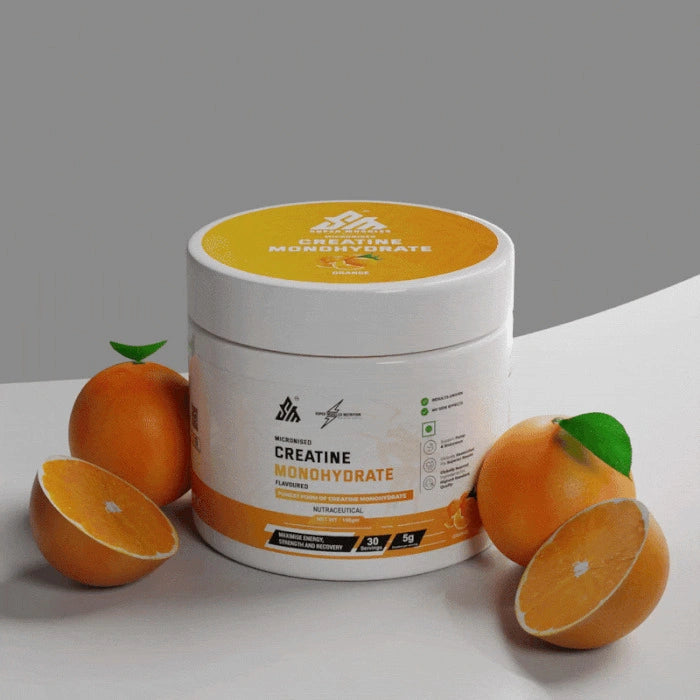 Container of SuperMuscles Creatine Monohydrate in Juicy Guava flavor, showing the supplement powder and packaging.