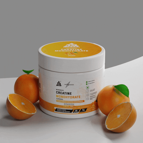 Super Muscles Nutrition creatine monohydrate orange flavor powder with fresh oranges