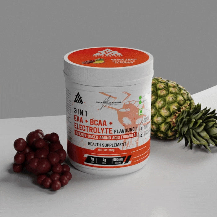 Supermuscles 3-in-1 EAA BCAA electrolyte powder in lemon flavor, designed for hydration and athletic performance.
