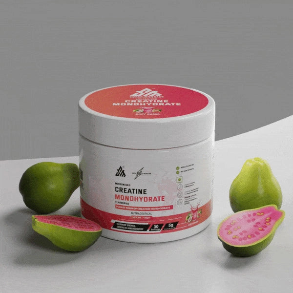 Container of SuperMuscles Creatine Monohydrate powder in Juicy Guava flavor, showing the product packaging and label.