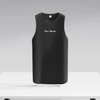 Black ribbed Super Muscles vest by Super Muscles Nutrition, featuring a close-up of the fitted athletic tank top.