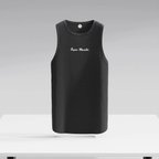 Black ribbed Super Muscles vest by Super Muscles Nutrition, featuring a close-up of the fitted athletic tank top.