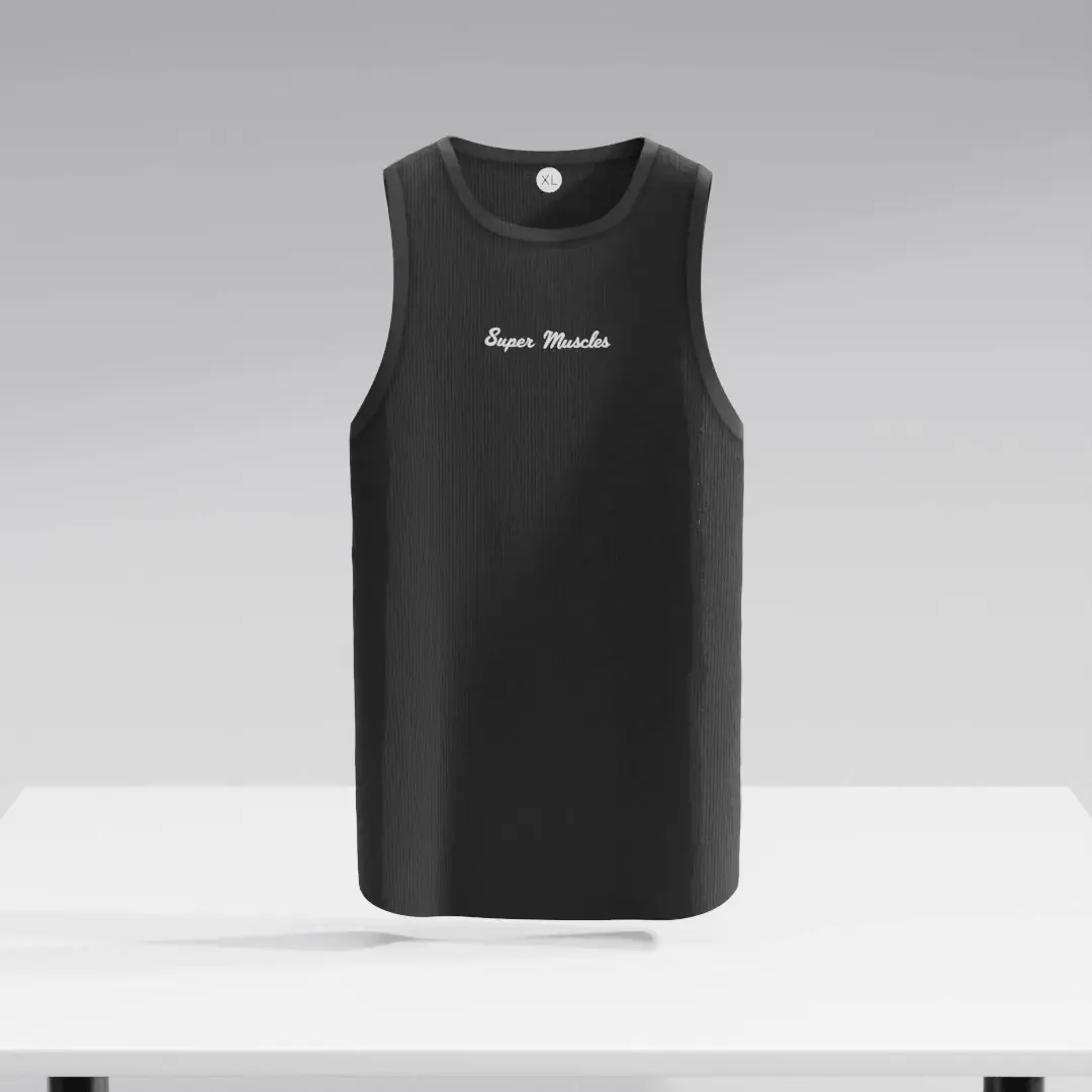Black ribbed Super Muscles vest by Super Muscles Nutrition, featuring a close-up of the fitted athletic tank top.