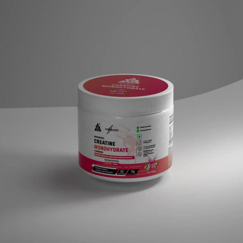 Super Muscles Nutrition creatine monohydrate supplement container with red and white label on a plain background. - Creatine Monohydrate Juicy Guava - Creatine Monohydrate Juicy Guava