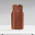 Brown ribbed Super Muscles Nutrition vest, close-up of the fitted athletic sleeveless shirt with textured fabric.