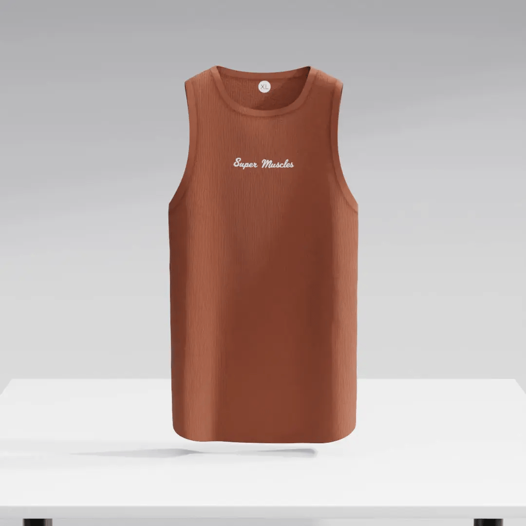 Brown ribbed Super Muscles Nutrition vest, close-up of the fitted athletic sleeveless shirt with textured fabric.