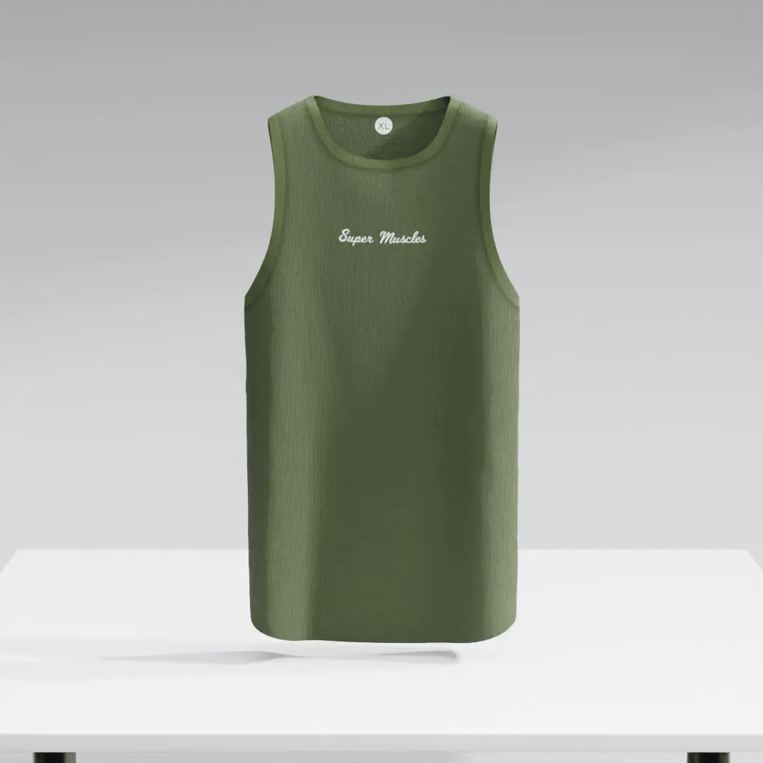 Olive green Super Muscles ribbed super vest displayed on a model, showcasing its fitted style and textured ribbed fabric.
