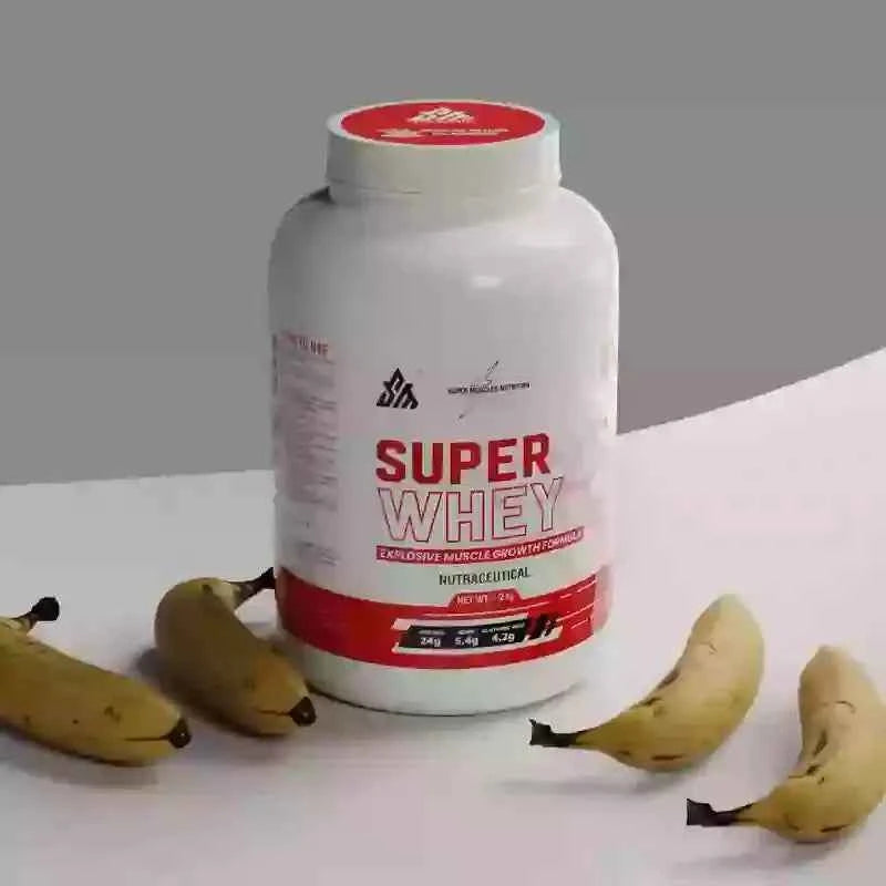 Supermuscles Super Whey Protein Banana flavored supplement jar showing label and packaging on white background.