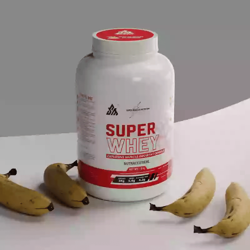 Supermuscles vanilla whey protein powder 1kg container, premium vanilla flavor for muscle building and recovery.