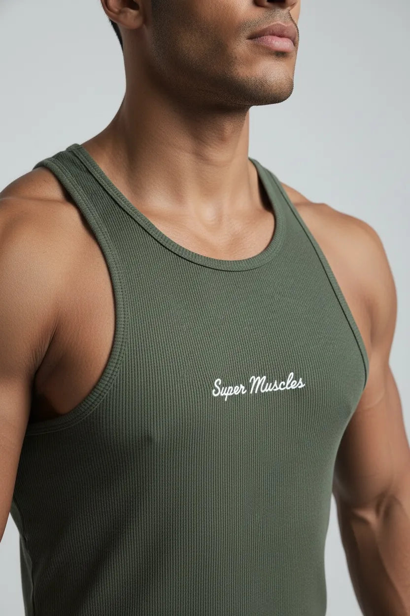  - Super Muscles Ribbed Super Vest - olive green