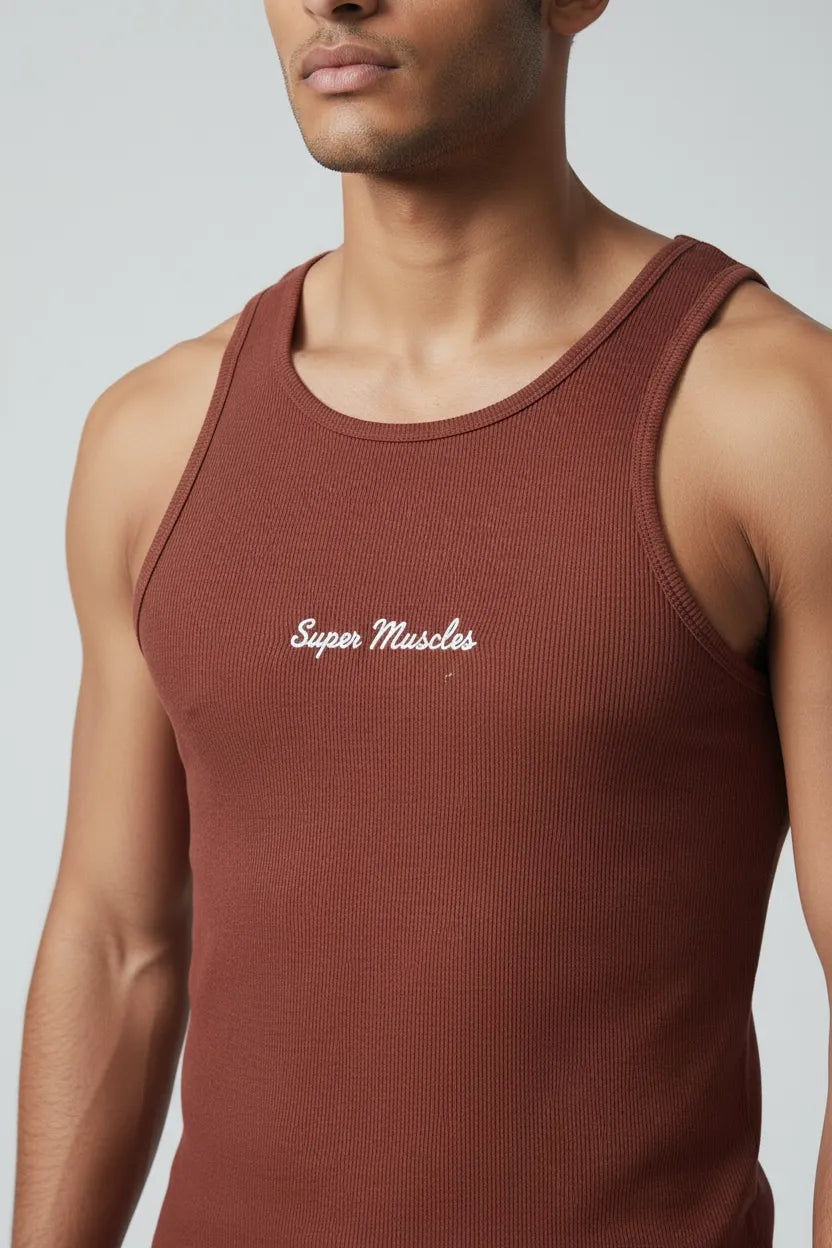  - Super Muscles Ribbed Super Vest - Brown
