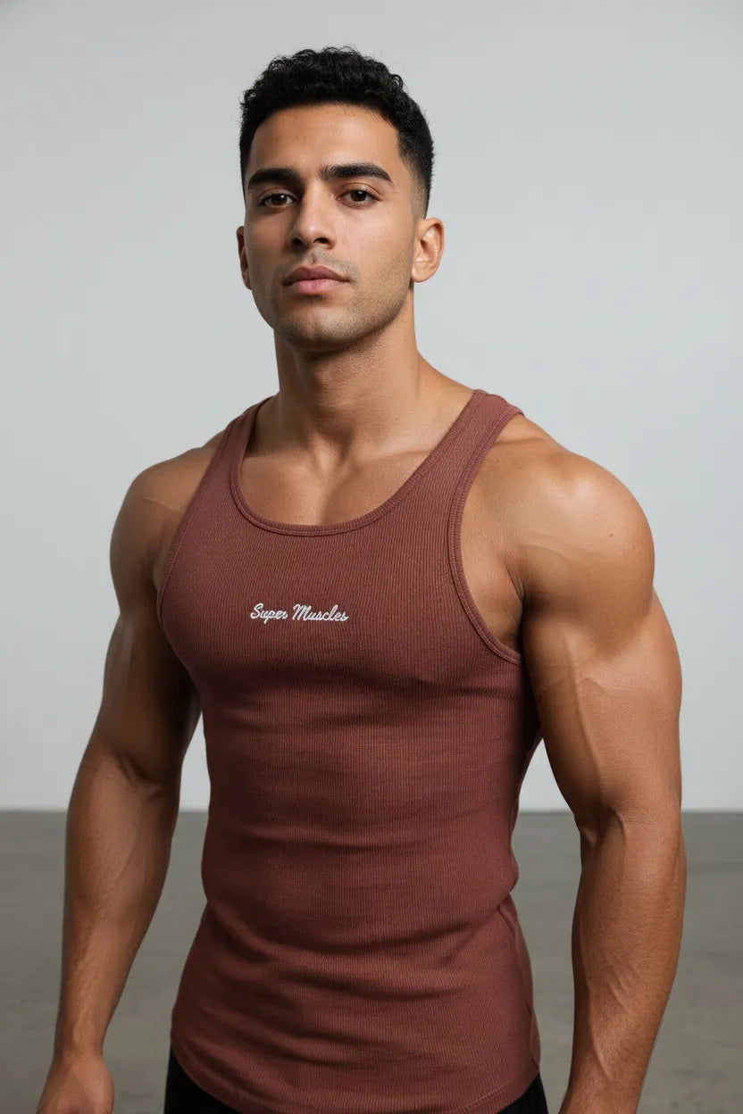  - Super Muscles Ribbed Super Vest - Brown