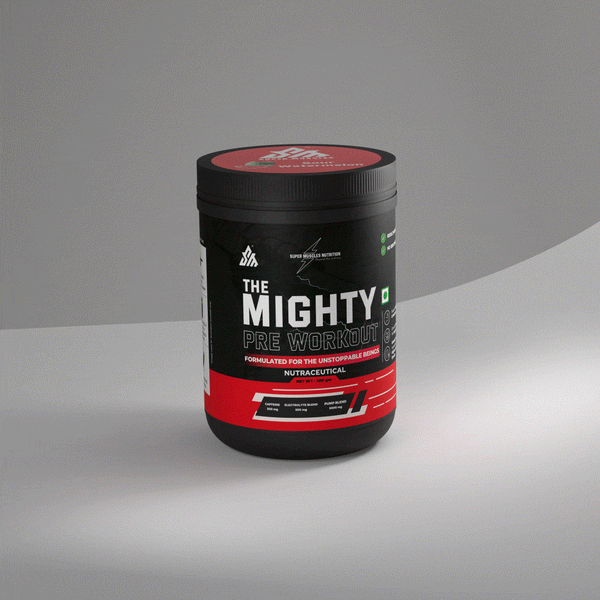 Super Muscles Nutrition The Mighty Pre Workout supplement tub on a gray background