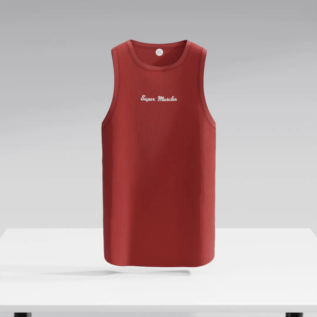 Red Super Muscles Ribbed Super Vest by Super Muscles Nutrition, featuring a fitted ribbed design, ideal for athletic and casual wear.