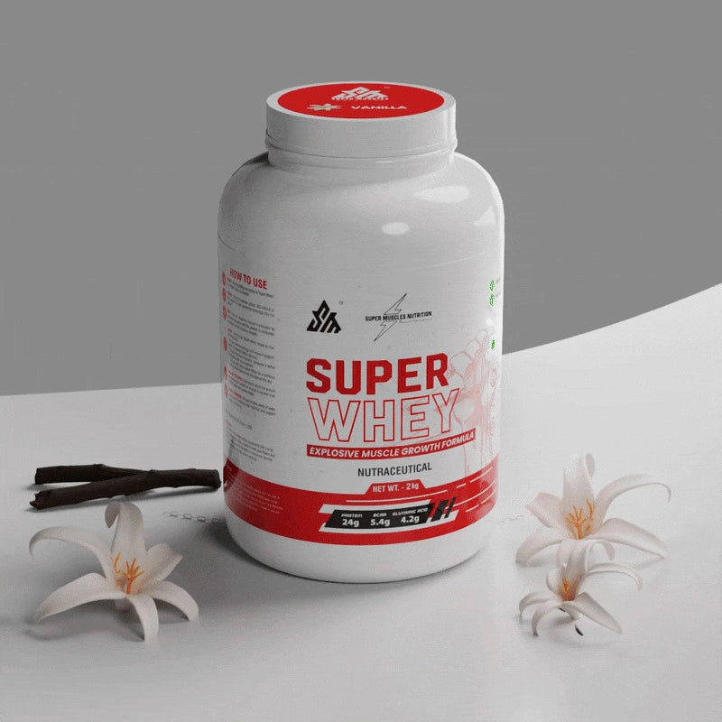 Supermuscles banana flavored whey protein powder container on white background, muscle recovery supplement tub front view