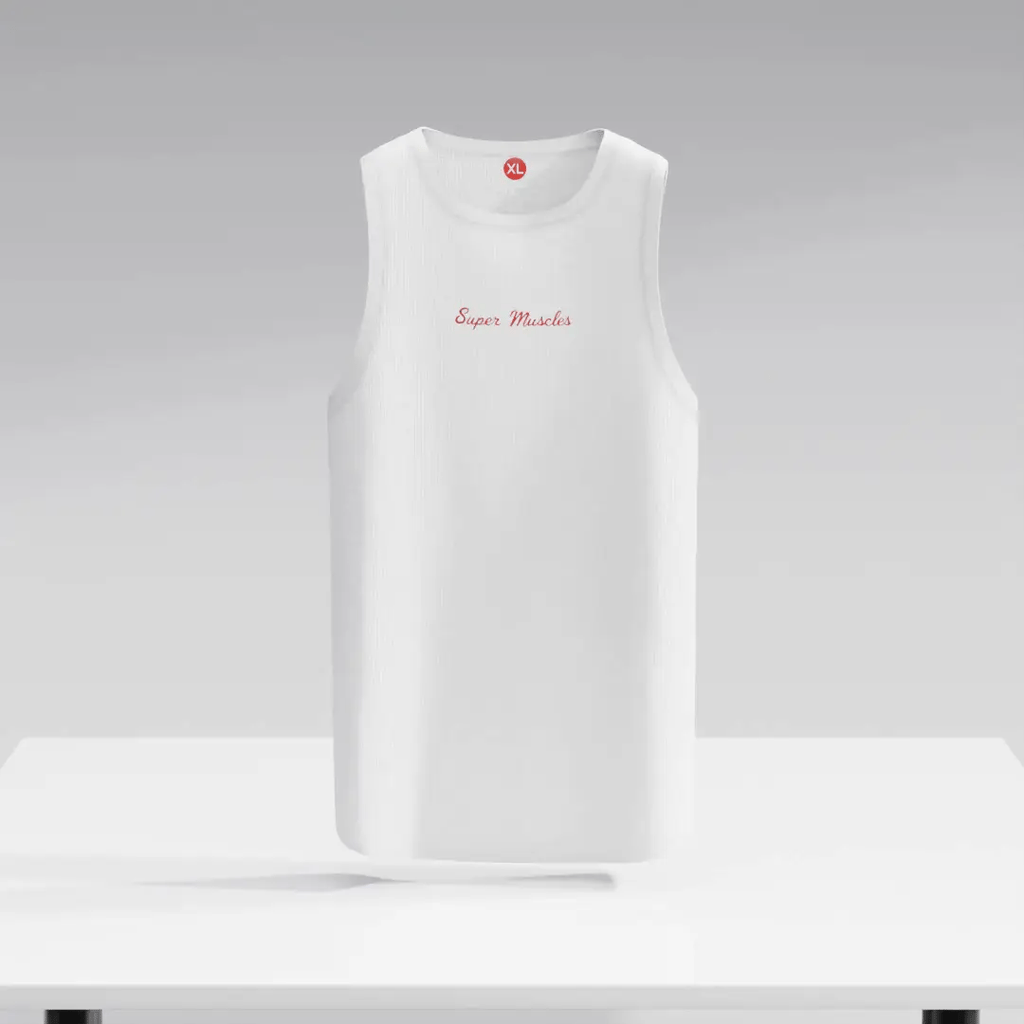 White SuperMuscles Ribbed Super Vest by Super Muscles Nutrition, featuring a fitted ribbed design on a model.