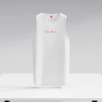 White SuperMuscles Ribbed Super Vest by Super Muscles Nutrition, featuring a fitted ribbed design on a model.
