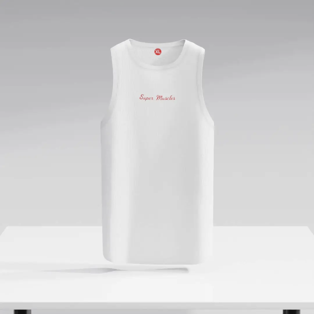 White SuperMuscles Ribbed Super Vest by Super Muscles Nutrition, featuring a fitted ribbed design on a model.