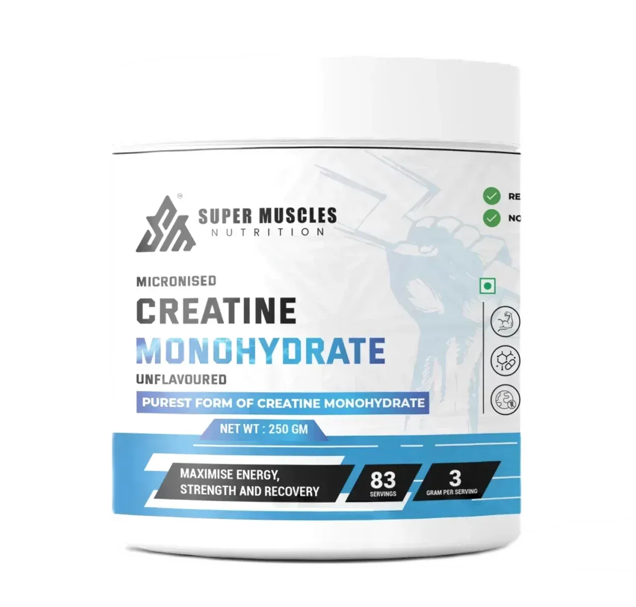 Super Muscles Nutrition micronised creatine monohydrate supplement 250g tub - Creatine Monohydrate Unflavored - Creatine Monohydrate Unflavored
